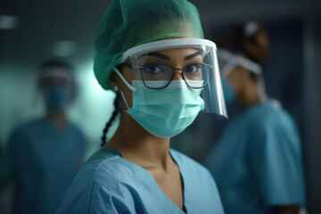 Focused female doctor or nurse in glasses and medical mask stare at camera in clinic. Generative AI