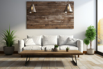 Fototapeta na wymiar White blank canvas on a modern living room. Generative AI