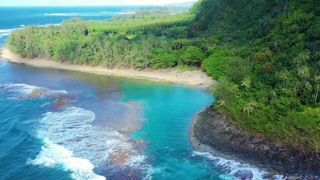 Aerial drone view of Ke'e Beach, Na Pali Coast, Kauai, Hawaii, United States.