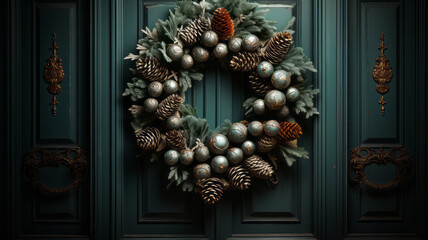 Wreath Christmas green in Christmas wreath with cones. Generative AI