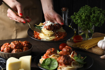 Concept of delicious food - pasta with meatballs