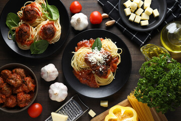 Concept of delicious food - pasta with meatballs