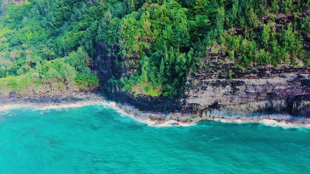 Aerial drone view of Ke'e Beach, Na Pali Coast, Kauai, Hawaii, United States.