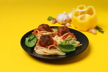 Concept of delicious food - pasta with meatballs