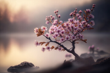 Beautiful blooming sakura tree branches. Soft morning light. Japanese cherry pink flowers. Generative AI