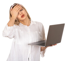 Stressed woman holding laptop,  portrait of young blonde stressed woman holding laptop. Tired, exhausted with headache holding head with hand. Fear or upset for mistake concept idea. Transparent, png.