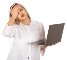 Stressed woman holding laptop,  portrait of young blonde stressed woman holding laptop. Tired, exhausted with headache holding head with hand. Fear or upset for mistake concept idea. Transparent, png.