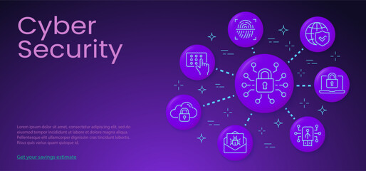 Cyber security poster template with 3d icons. Set of privacy, protection, defense, safe, computer and more.