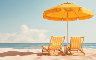 A couple of chairs sitting on top of a sandy beach. AI