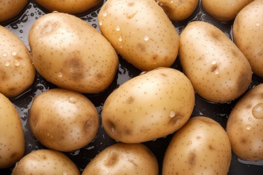 Fresh potato seamless background, adorned with glistening droplets of water. AI generated