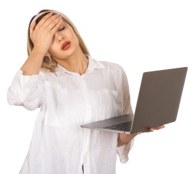 Stressed woman holding laptop,  portrait of young blonde stressed woman holding laptop. Tired, exhausted with headache holding head with hand. Fear or upset for mistake concept idea. Transparent, png. - Powered by Adobe