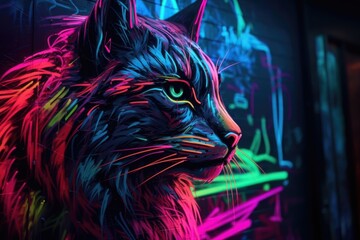 Neon graffiti art, close - up, cyberpunk cat. AI generated