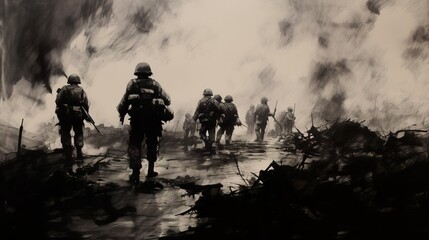 Obraz na płótnie Canvas Charcoal sketch of D-Day invasion scene on June 6 1944 in Normandy. Ai generative art