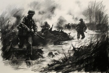 Charcoal sketch of D-Day invasion scene on June 6 1944 in Normandy. Ai generative art