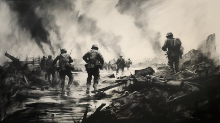 Charcoal sketch of D-Day invasion scene on June 6 1944 in Normandy. Ai generative art