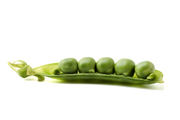 Half a pod with peas isolated on a white background.