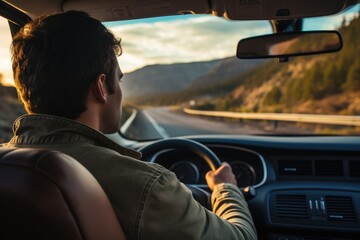 Fototapeta na wymiar Man driving a car using navigator, AI Generative