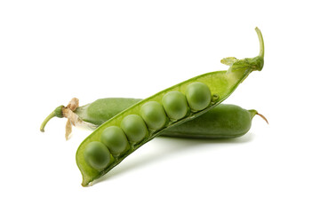 Closed and half pea pods with peas isolated on white background.