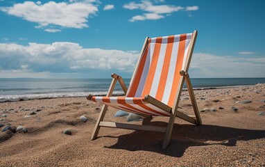 An orange and white striped lawn chair on a beach. AI