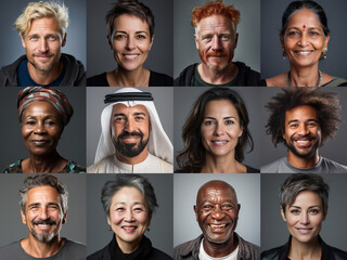 Collage of ethnically different happy people modern portraits, Success, smiling and happiness multicultural faces looking at camera, Human resource society database concept, globalization..