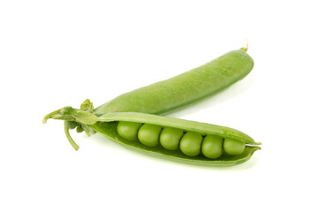 Ripe pea pods with peas inside isolated on white background.