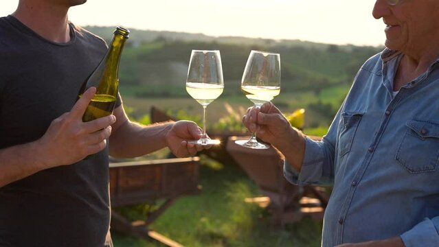 Father and adult son drinking together white wine during sunset time with wineyard in the background
