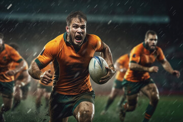 Fototapeta Rugby sportsman players with ball in action on stadium under lights. Emotional team under rain, splash drops. obraz