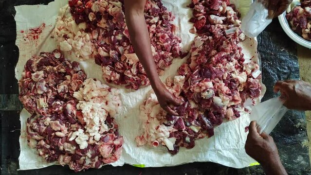 A freshly butchered pile of tender mutton or sheep meat, packed in plastic covers
