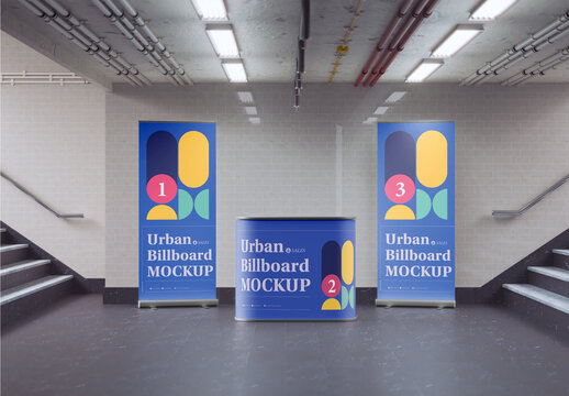 Subway Scene with Roll-Up Banners and Stand Mockup