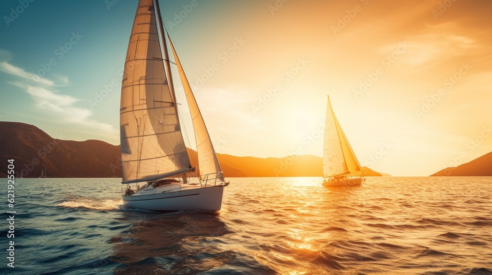 Wall mural two sailboats are sailing in the ocean at sunset. generative ai image.