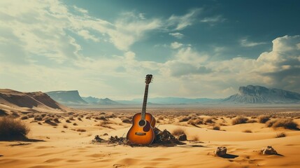 Lonely guitar resonates in the desert.cool wallpaper	