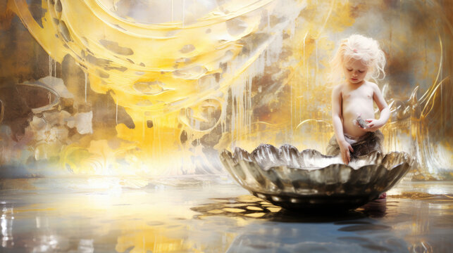 Abstract young child standing behind a large silver clam like basin with a surreal backdrop of golden webs.