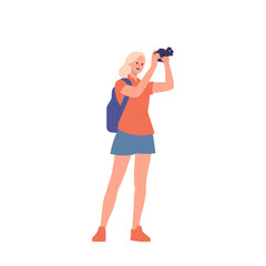 Young excited woman traveler cartoon character with backpack looking through binocular spyglass