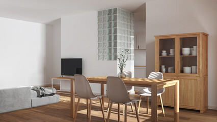 Modern scandinavian dining and living room in white tones. Wooden table with chairs, glass block wall. Cabinets and sofa. Minimal interior design