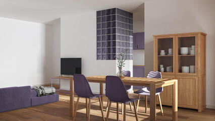 Modern scandinavian dining and living room in white and purple tones. Wooden table with chairs, glass block wall. Cabinets and sofa. Minimal interior design