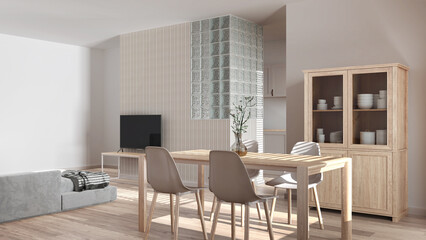 Fototapeta premium Modern scandinavian dining and living room in white tones. Bleached wooden table with chairs, glass block wall. Cabinets and sofa. Minimal interior design