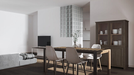 Modern scandinavian dining and living room in white tones. Dark wooden table with chairs, glass block wall. Cabinets and sofa. Minimal interior design
