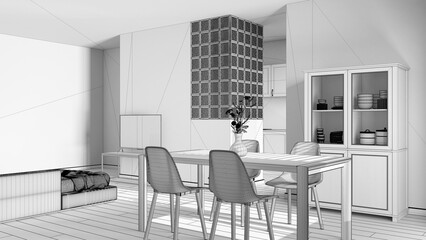 Blueprint unfinished project draft, modern scandinavian dining and living room. Wooden table with chairs, glass block wall. Cabinets and sofa. Minimal interior design