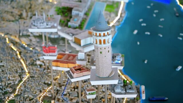 Close view of 3D map of Istanbul, Turkey. Galata tower and other landmarks