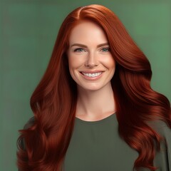 Naklejka premium Gorgeous redhead woman with amazing hair. Great for articles about beauty, hair fashion, salon, cosmetics, skin care, hair care, hair products, fashion, trends, grooming etc.
