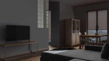 Dark late evening scene, wooden scandinavian dining and living room. Velvet sofa, table with chairs, glass block wall. Cabinets and tv stand. Minimal interior design