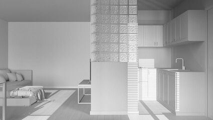 Total white project draft, modern scandinavian kitchen and living room. Velvet sofa, glass block...