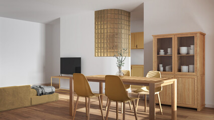 Japandi wooden dining and living room in white and yellow tones. Table with chairs, glass block wall over kitchen. Cabinets and sofa. Minimal interior design