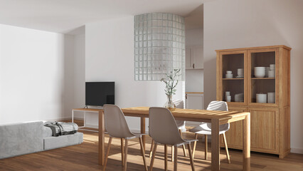 Japandi wooden dining and living room in white tones. Table with chairs, glass block wall over kitchen. Cabinets and sofa. Minimal interior design