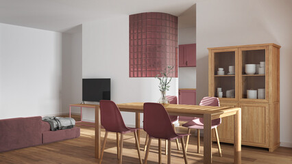 Japandi wooden dining and living room in white and red tones. Table with chairs, glass block wall over kitchen. Cabinets and sofa. Minimal interior design