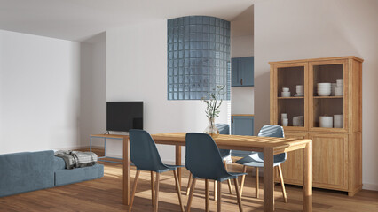 Japandi wooden dining and living room in white and blue tones. Table with chairs, glass block wall over kitchen. Cabinets and sofa. Minimal interior design