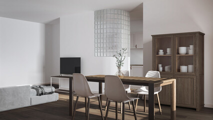 Japandi dark wooden dining and living room in white tones. Table with chairs, glass block wall over kitchen. Cabinets and sofa. Minimal interior design