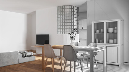 Architect interior designer concept: hand-drawn draft unfinished project that becomes real, japandi wooden dining and living room. Glass block wall over kitchen. Minimal style