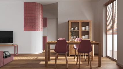 Minimal dining and living room in white and red tones. Wooden table with chairs, glass block wall over kitchen. Cabinets and sofa. Scandinavian modern interior design