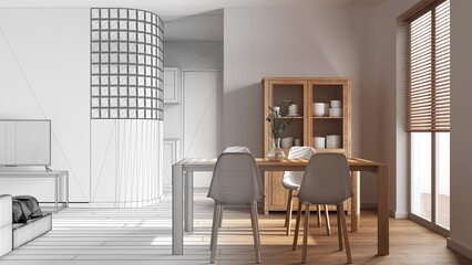 Architect interior designer concept: hand-drawn draft unfinished project that becomes real, minimal dining and living room. Glass block wall over kitchen. Scandinavian style
